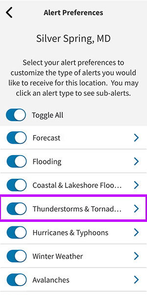 Alert Preferences screen. “Thunderstorms & Tornadoes” weather type highlighted.