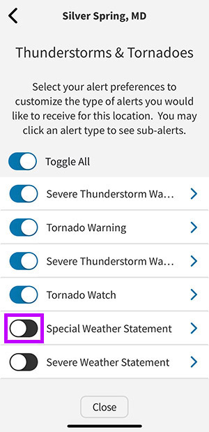 Thunderstorms & Tornadoes alerts screen. Highlighted toggle next to “Special Weather Statement” is off.