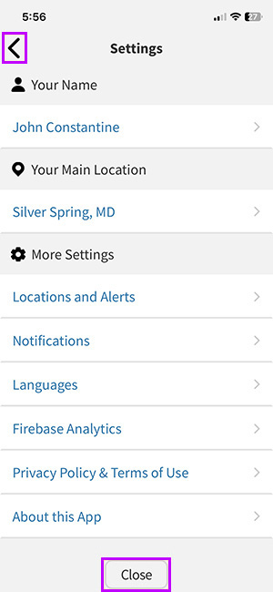 Settings screen. Both left arrow on top and “Close” button on the bottom highlighted.