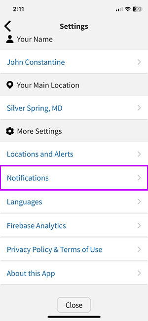 Settings screen. “Notifications” highlighted
