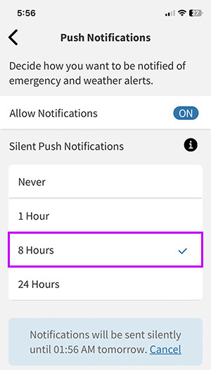 Push Notifications screen. “8 Hours” highlighted