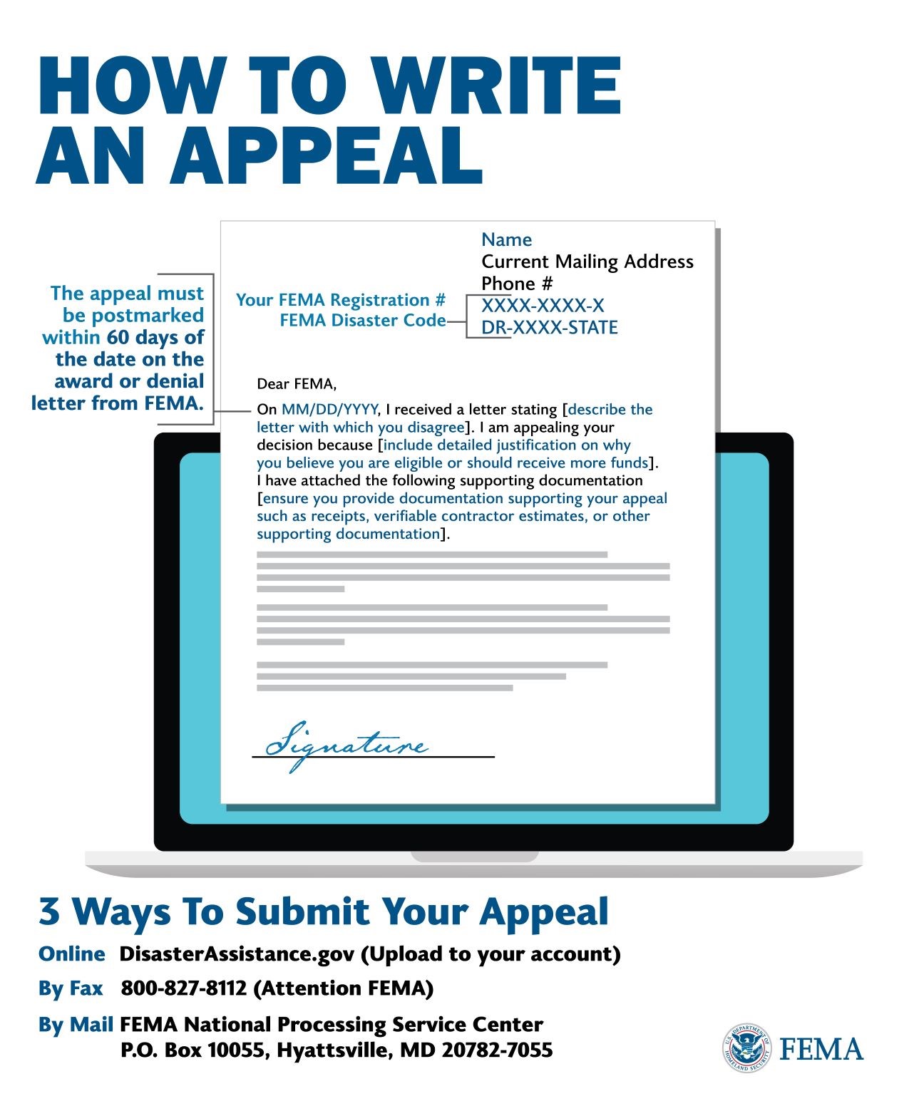 How to Write an Appeal. The appeal must be postmarked within 60 days on the award or the denial latter from FEMA. [Letter Graphic] 3 ways to Submit your appeal: Online at disasterassistance.gov, by fax at 800-827-8112 or by mail at FEMA National Intake Processing Service Center, PO BOX 10055, Hyattsville, MD, 20782-7055