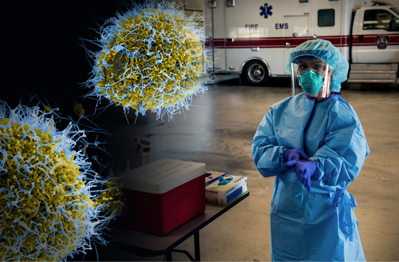 Woman in blue hazmat suit standing in front of ambulance. Overlaid graphic of pathogens.