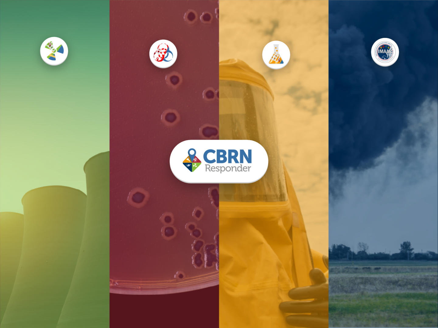 Nuclear, biological, chemical and IMAAC icons on a multicolor background. CBRN Responder logo in center.