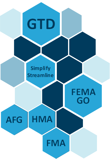 Illustration of blue hexagons with abbreviations in them: GTD, Simply Streamline, FEMA GO, AFG, HMA, FMA