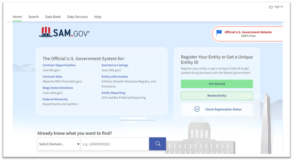 Screenshot of the SAM.gov homepage