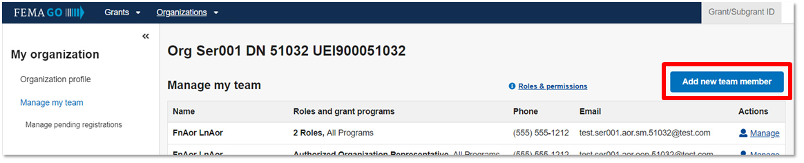 FEMA GO landing page for managing team members