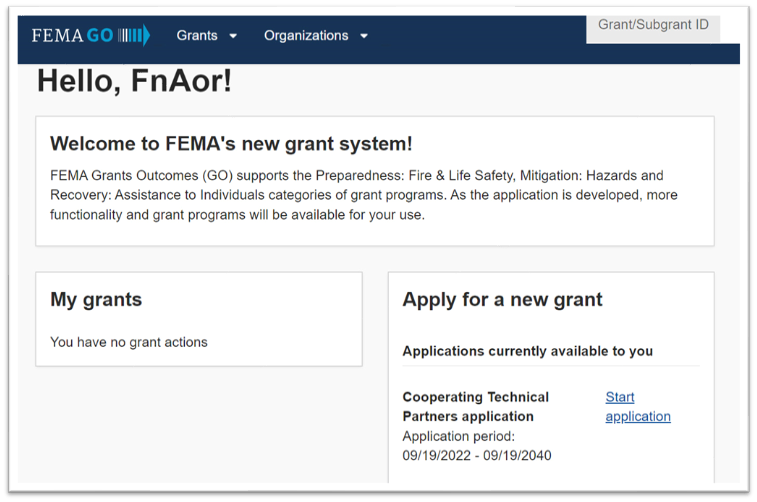 Image of the Welcome Screen once a user is logged into the Grants System