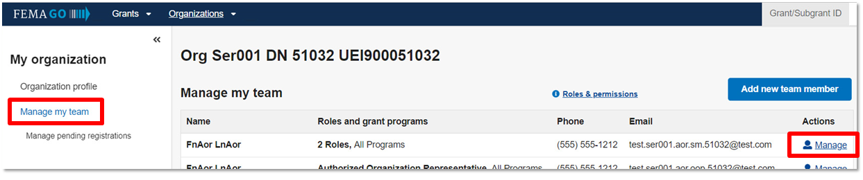 FEMA GO landing page for managing team members