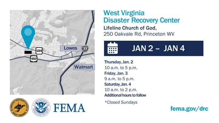 Lifeline Church of God, West Virginia Disaster Recovery Center Relocating to 250 Oakvale Rd, Princeton, WV January 2 to 4, 2025.