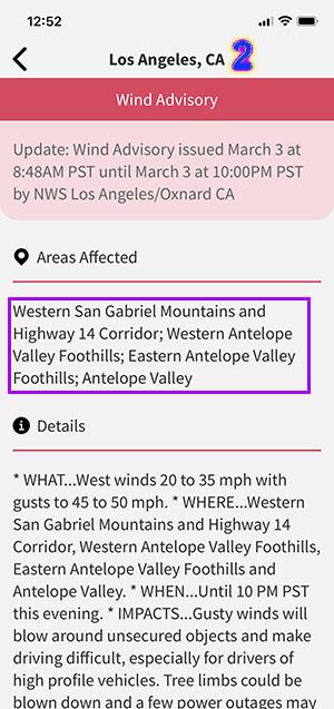Weather alert labeled “2” to correspond to the previous image with “Areas Affected” counties highlighted. These locations are different from those in “1”.
