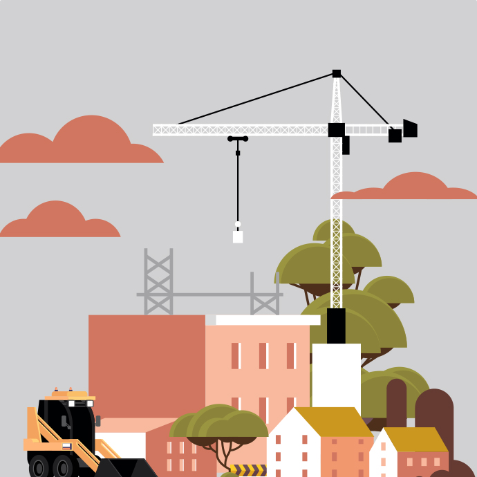 Buildings with a construction crane and tractor