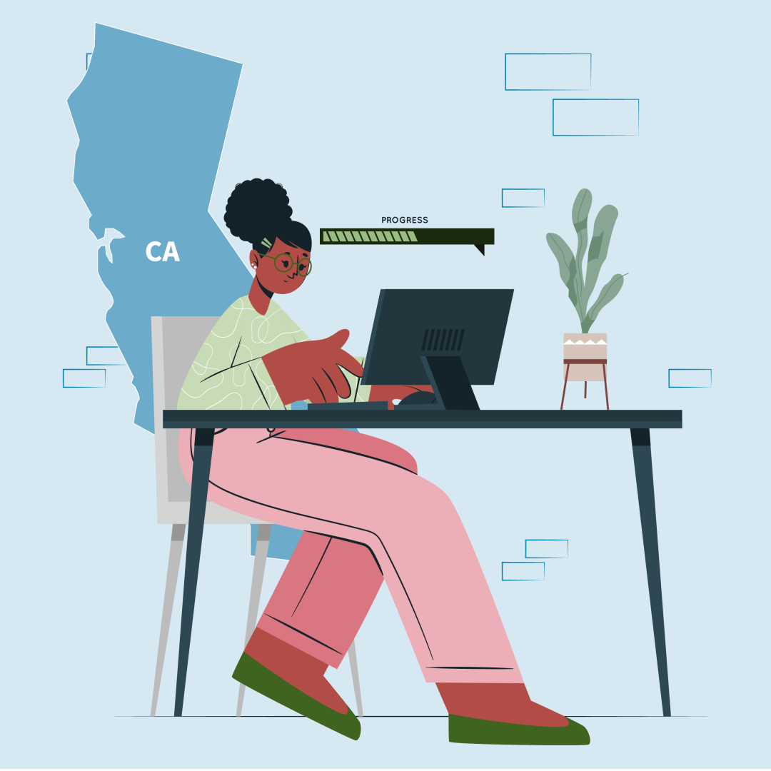 Woman sitting in front of laptop with California in the background