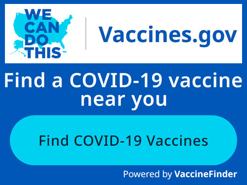 A blue and white graphic containing the words "We Can Do This" and vaccine.gov at the top. In the center of the graphic are the words: Find a COVID-19 vaccine.