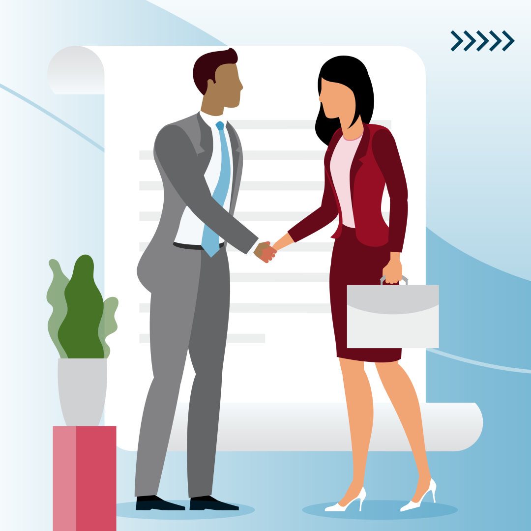 A woman carrying a briefcase shaking hands with a man in a suit.