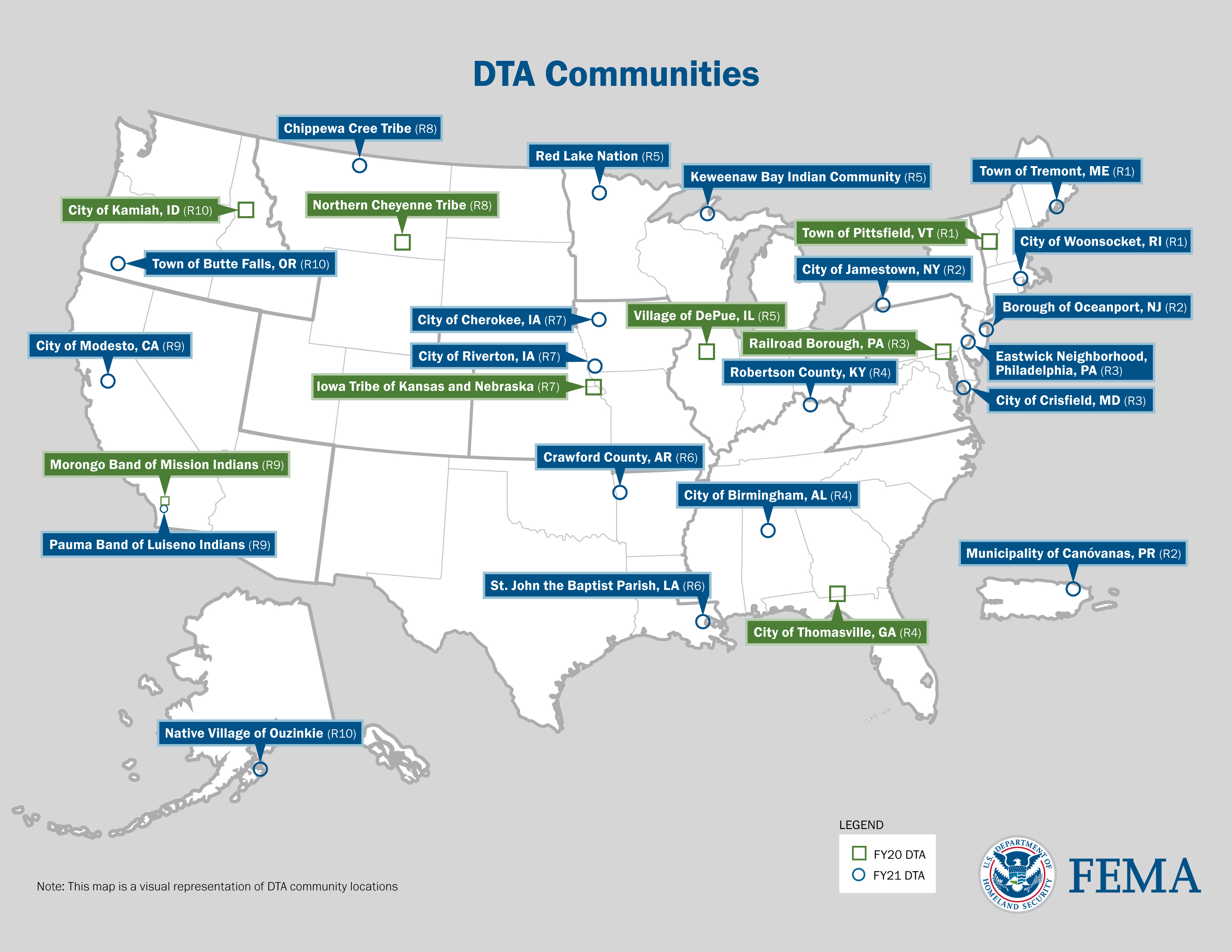 A map of all of the communtiies that have received Direct Technical Assistance.