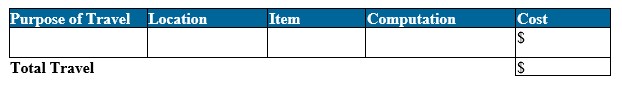 Screenshot of C. Travel Table - Purpose of Travel, Location, Item, Computation, and costs headings