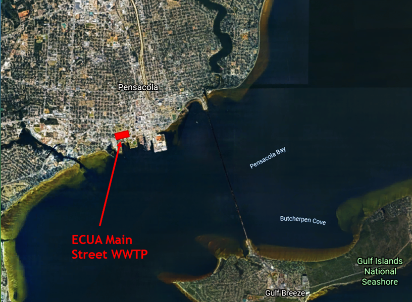 ECUA Main Street Wastewater Treatment Plant's location in downtown Pensacola, on the shores of Pensacola Bay. Source: ECUA. 