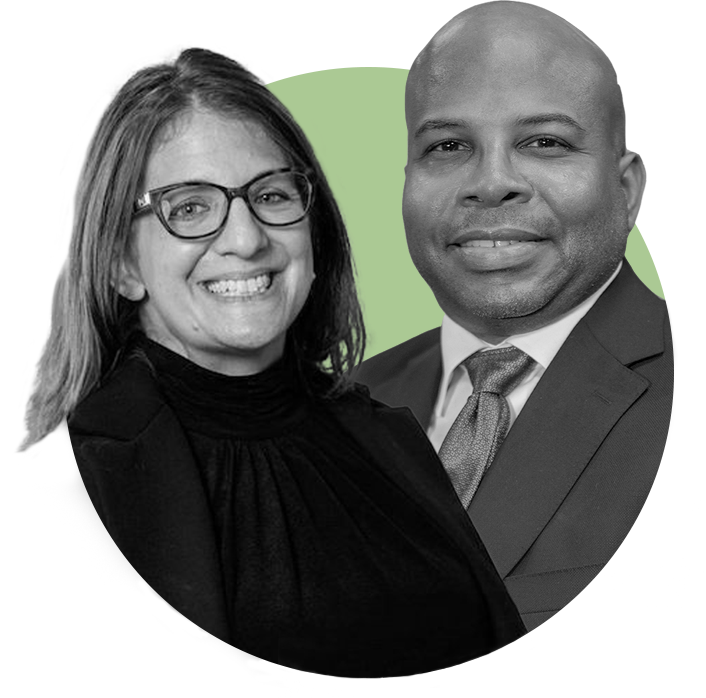 Robin Troutman, Deputy Director of NACDD, and Sherman Gillums Jr. smiling with a green circle background.