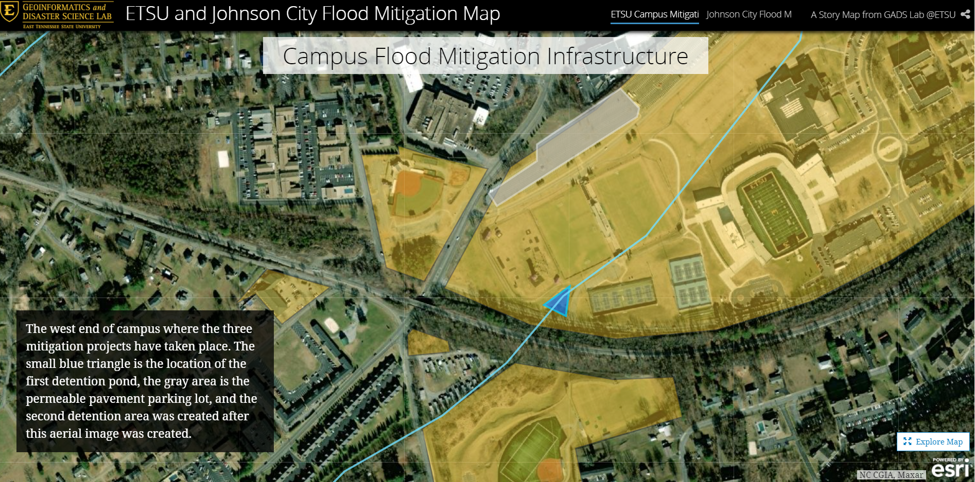 A screenshot taken from the ETSU and Johnson City Flood Mitigation Map, produced by the GADS lab data hub, showing the mitigation infrastructure projects on the west end of campus.
