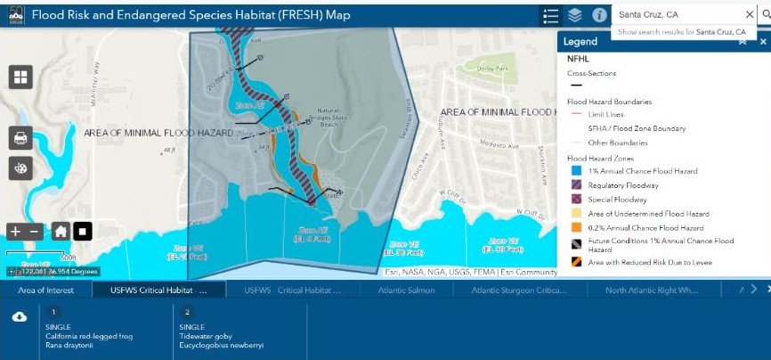 Sample view from the Flood Risk and Endangered Species Habitat web-based mapping tool. Picture shows map, flood guide, and flood hazard areas.