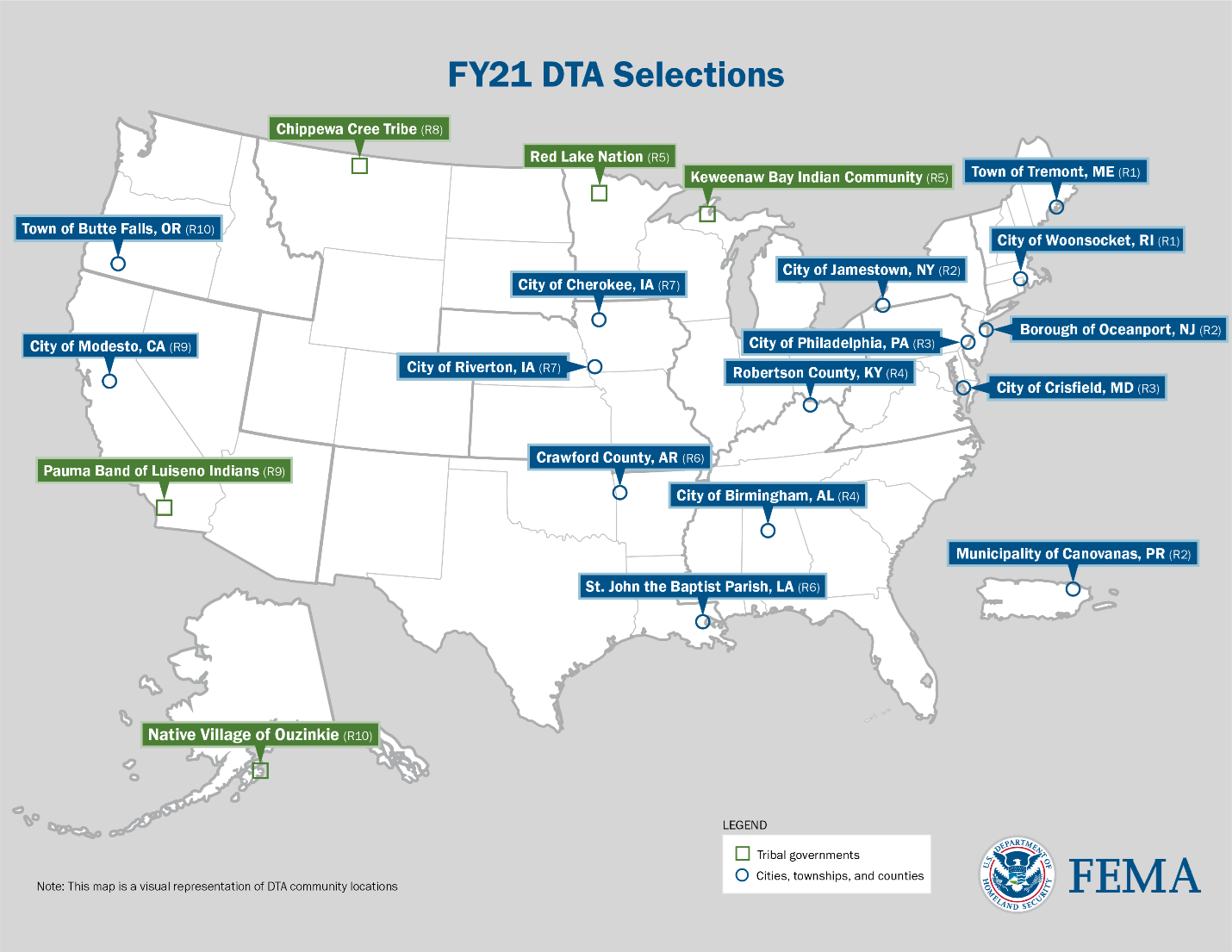 United States map. Communities are Birmingham, AL; Crawford County, AR; Modesto, CA; Pauma Band of Luiseno Indians, CA; Cherokee, IA; Riverton, IA; Robertson County, KY; St. John the Baptist Parish, LA; Tremont, ME; Keweenaw Bay Indian Community, MI; Red Lake Nation, MN; Oceanport, NJ; Jamestown, NY; Butte Falls, OR; Native Village of Ouzinkie; Woonsocket, RI; Crisfield, MD; Chippewa Cree Tribe, MT; Philadelphia, PA; Canovanas, PR