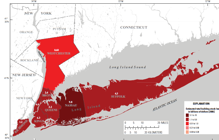 FEMA Hazus Program estimated total building stock losses due to storm-ride inundation from Hurricane Sandy in selected New York counties for inundation depicted in National Hurricane Center Sea, Lake, and Overland Surges from Hurricanes model hindcast product dated October 31,2012.