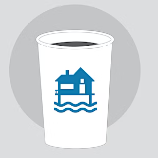 Illustration of a coffee cup that has an icon of a house and flood water on it