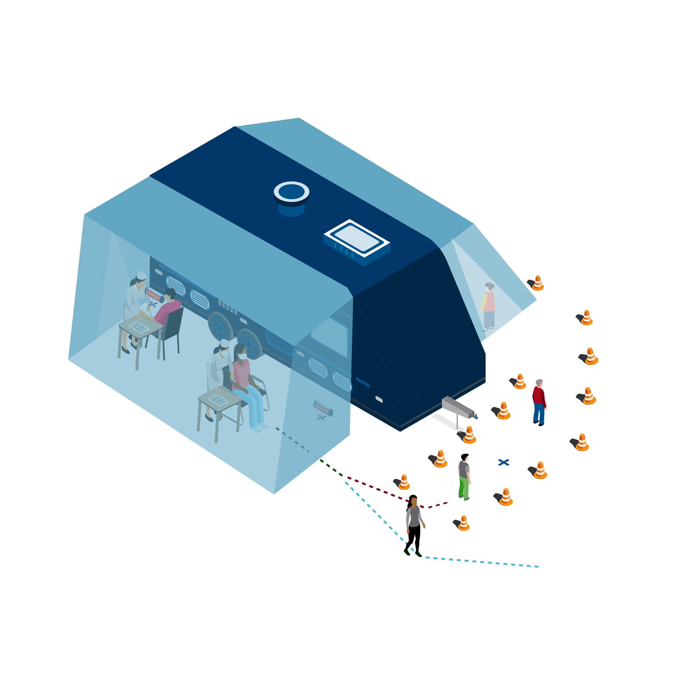 Illustration of a blue mobile trailer unit with tents on both sides, cones around it and people getting their vaccine shot