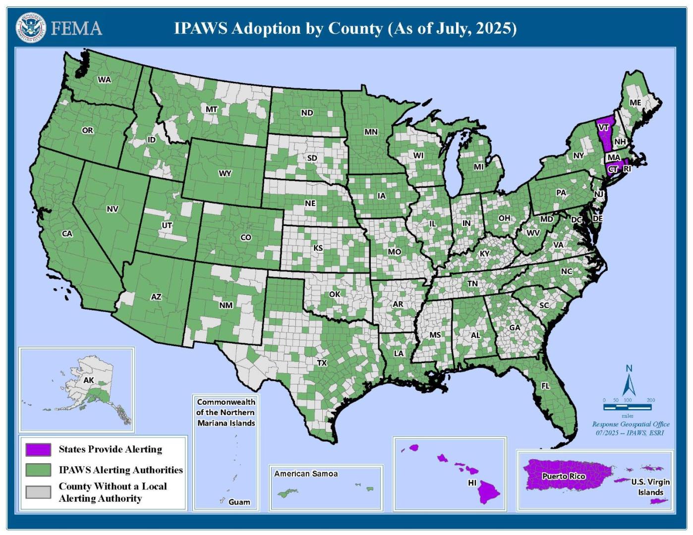 IPAWS Adoption by County Map (As of July 2025)