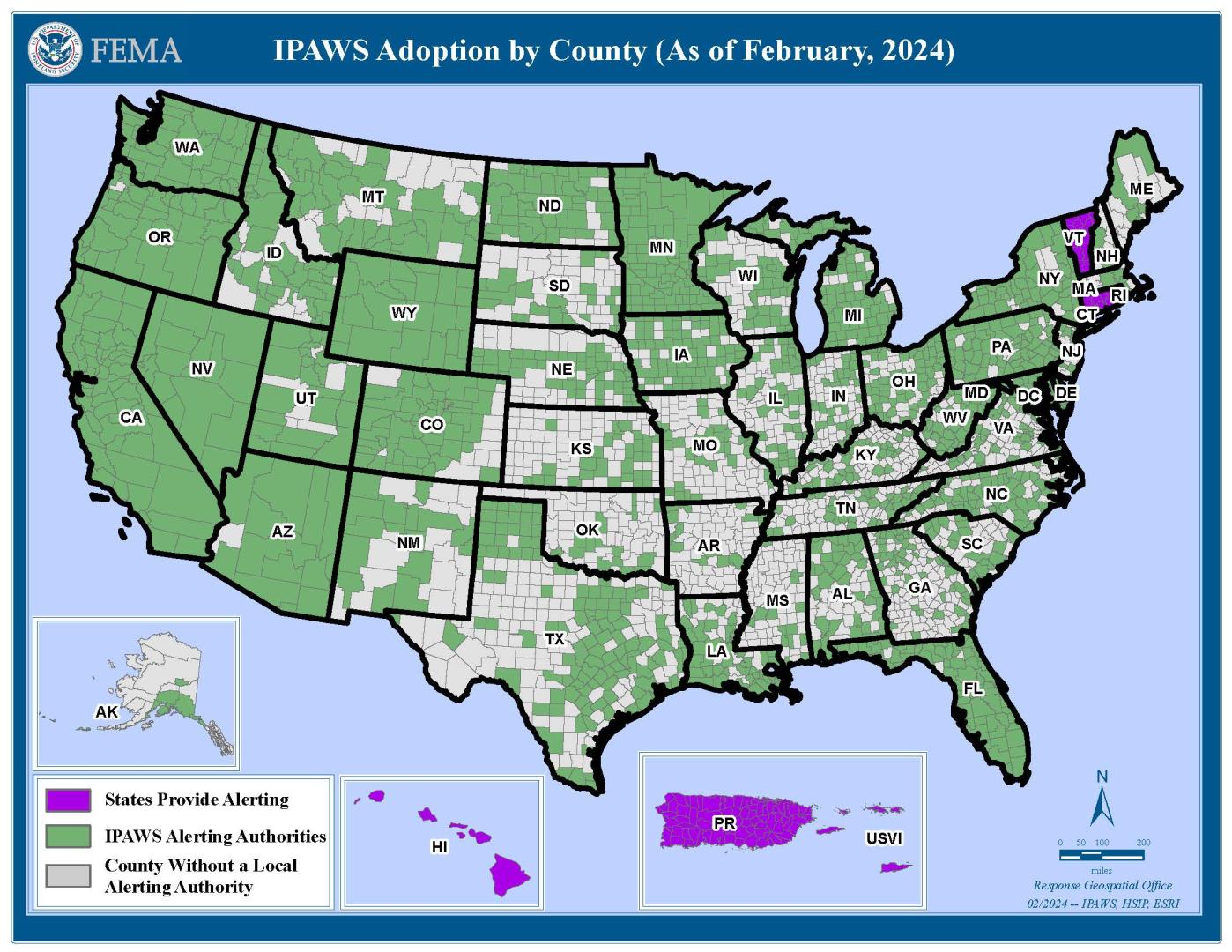 U.S. map of IPAWS adoption by county as of February 2024