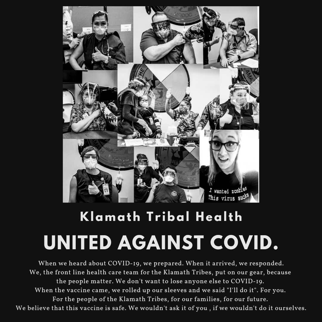 A collage of members of the Klamath Tribal receiving the the COVID-19 Vaccine. 