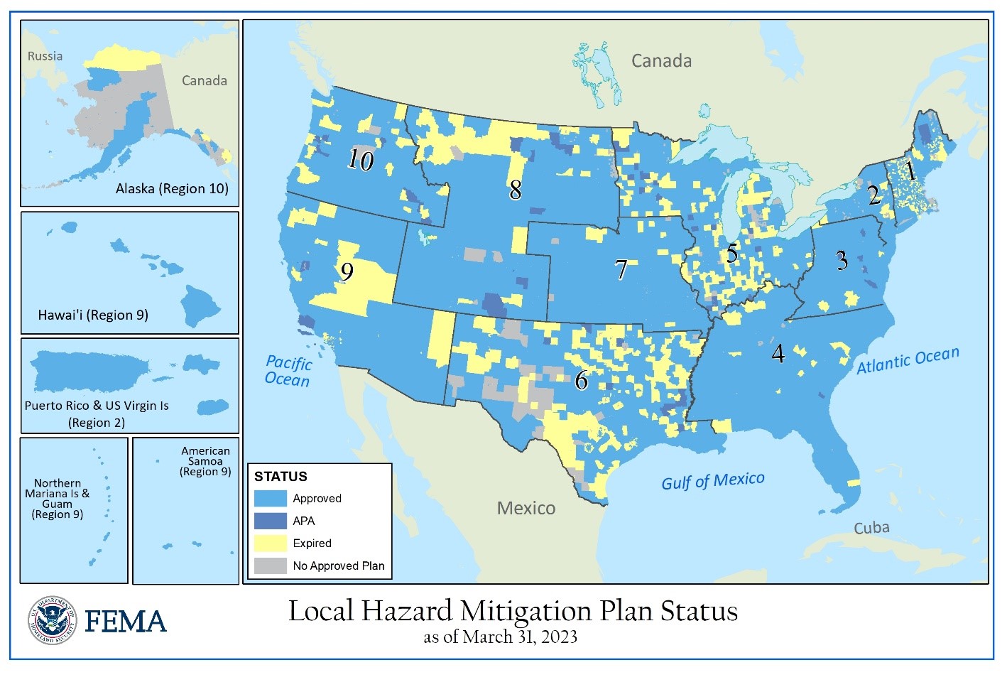 Local Hazard Mitigation Plan Status FY23 Q2 Map (As of March 31, 2023)  The national status map shows local jurisdictions with approved plans (light blue), approvable-pending-adoption (APA) plans (medium dark blue), plans that will expire within 90 days (Dark Blue), and expired plans (yellow).