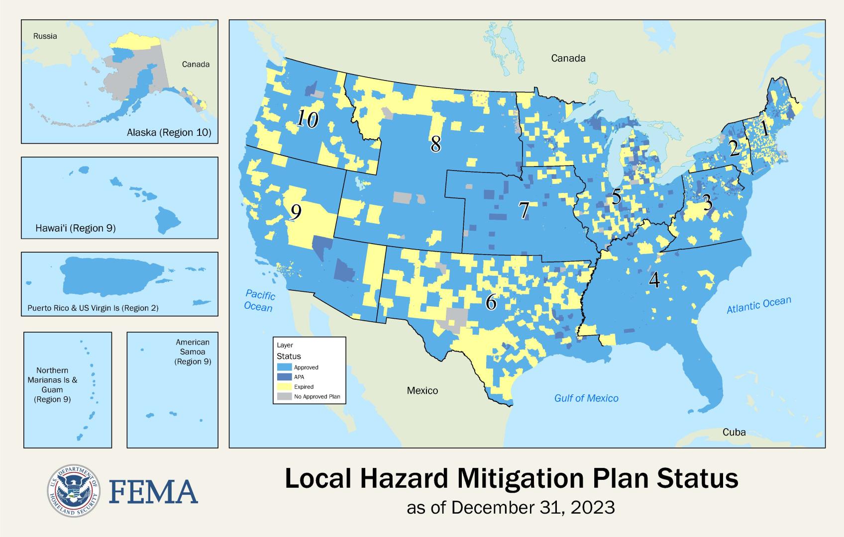 This map of the United States shows the jurisdictions with hazard mitigation plans as of 12/21/23.