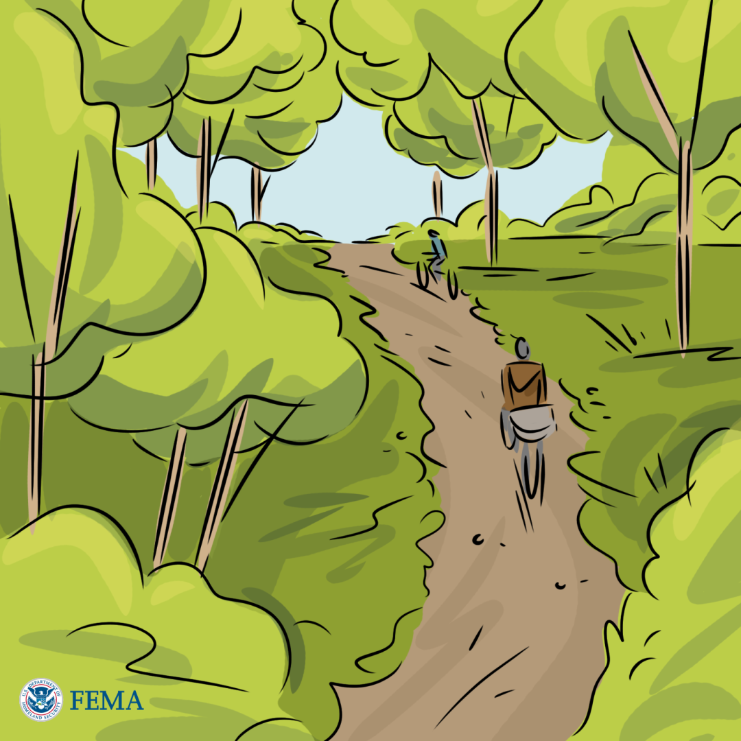 drawing of someone riding a bike through a park or forest setting.