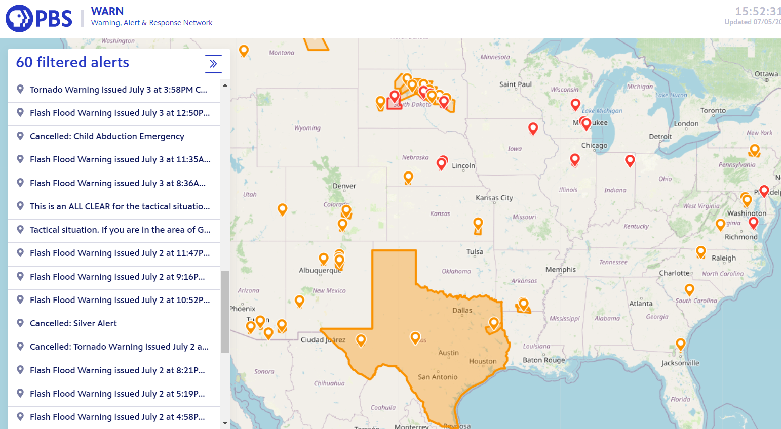 PBS Maps of Wireless Emergency Alerts cross the country. 