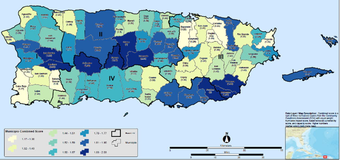 The CPCB CCA ranked all 78 municipalities in Puerto Rico to identify more vulnerable communities with larger capacity gaps and equity concerns, noted in dark blue, to prioritize delivery of technical assistance. 