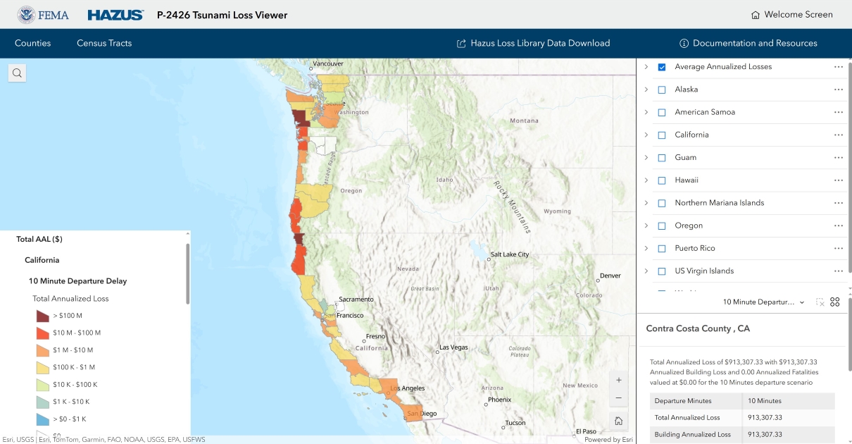 Tsunami Loss Viewer, County Average Annualized Loss View