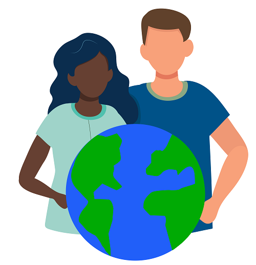 Illustration of woman and man holding a globe of the earth together