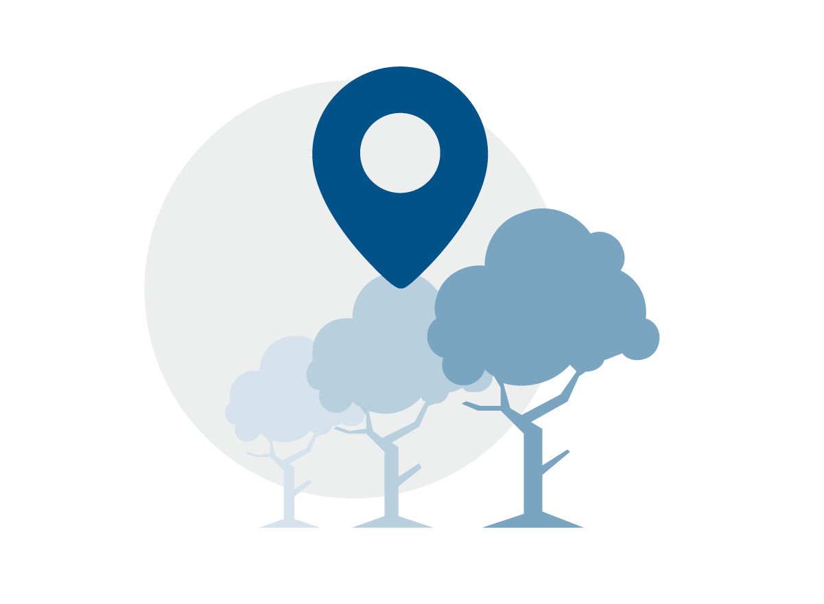 Map icon over trees graphic