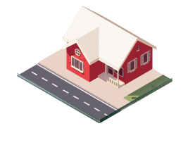 A red house with a white roof and a road 
