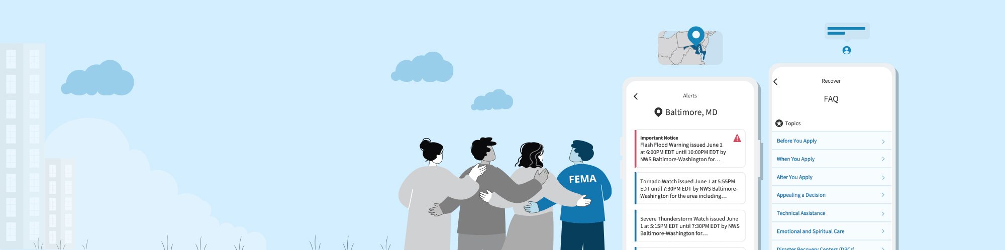 4 people hugging mix of man and women looking at the fema mobile app