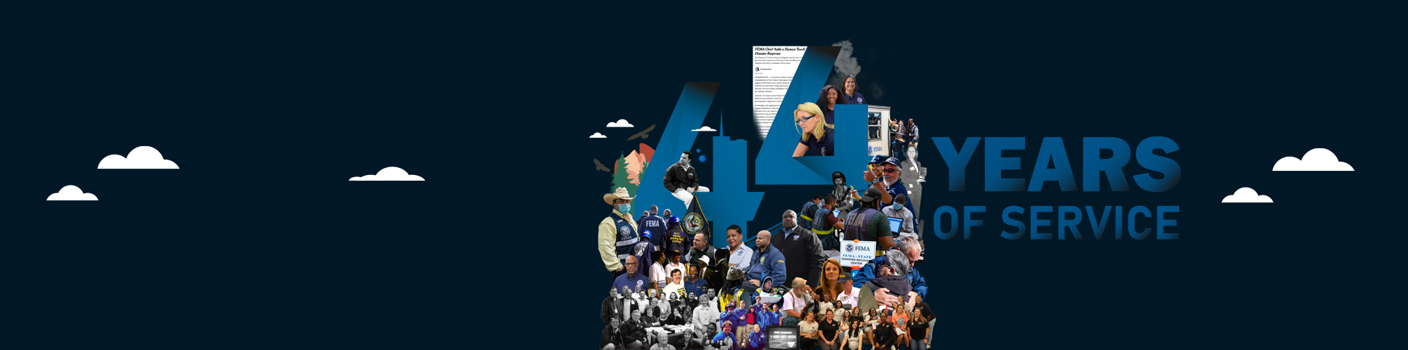 Pictures of FEMA employees are on a black background, with clouds. The text reads “44 years of service.”
