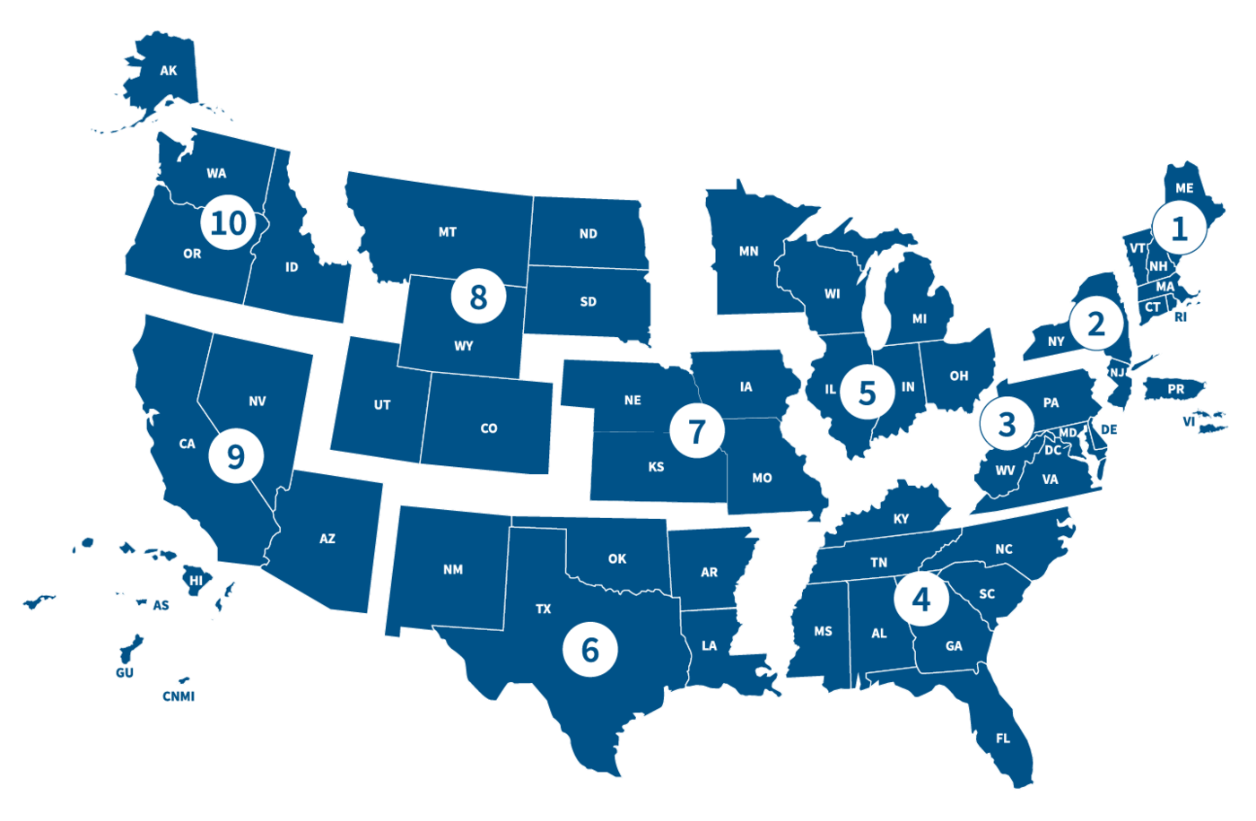 Map of the United States displaying FEMA regions across the nation.