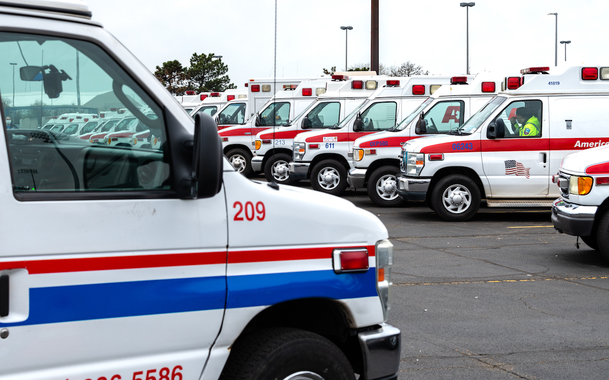 Row of parked ambulances