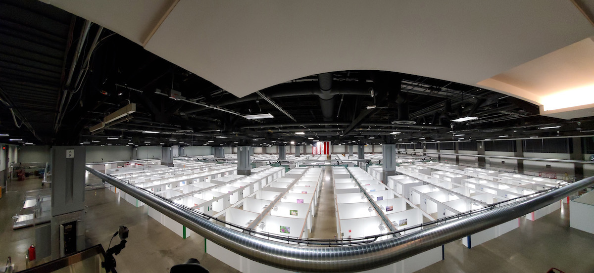 A panoramic view of the convention center converted into hospital space.