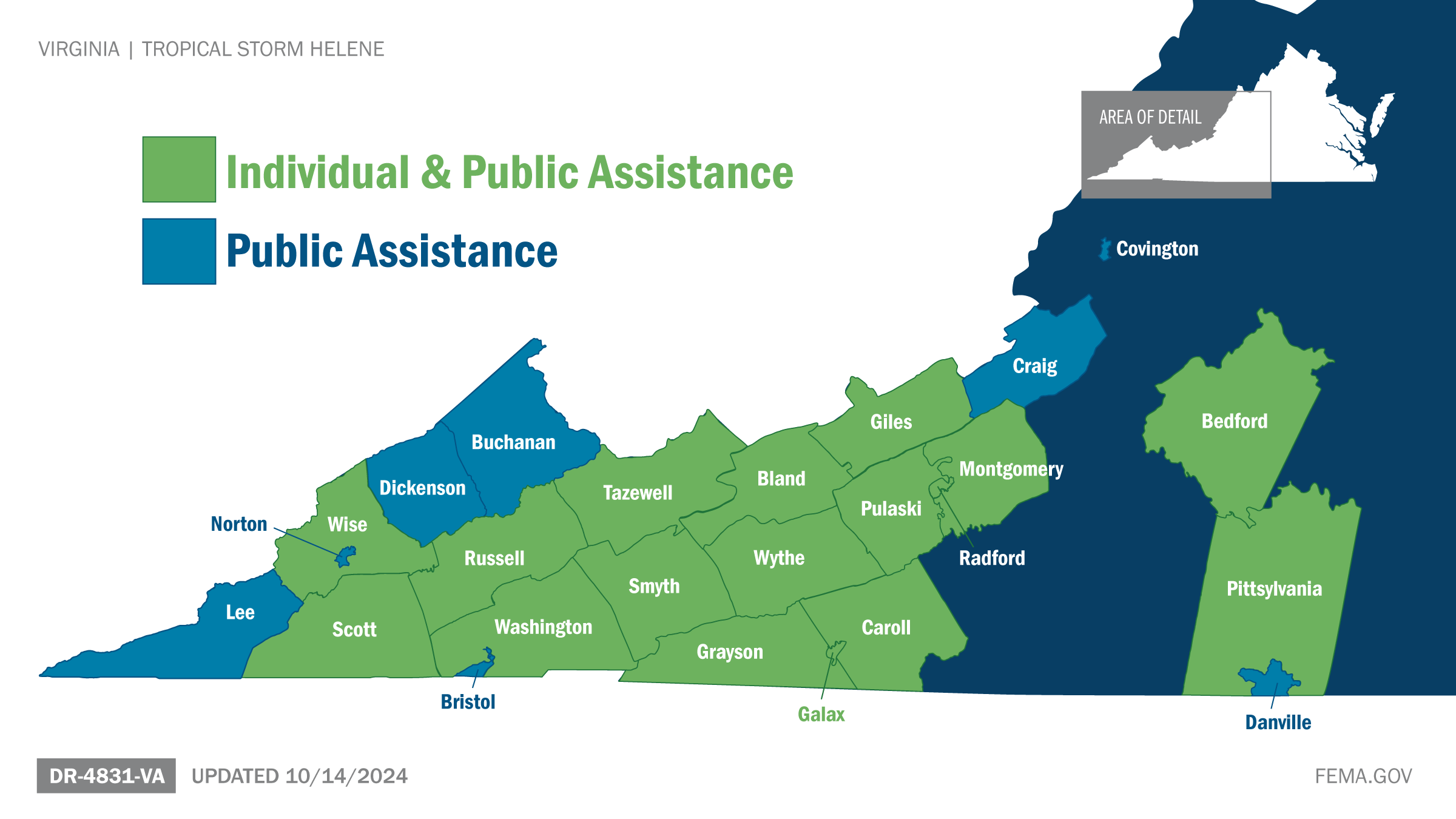 Infographic shows Commonwealth of Virginia and highlights counties available for Individual and Public Assistance.