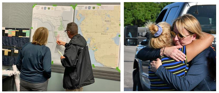 left: two people stand in front of a map. right: Two women hug in front of vehicle.