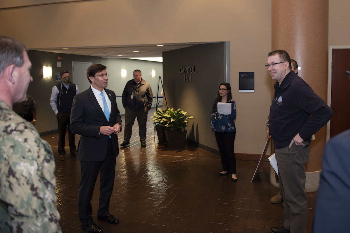 Secretary of Defense Dr. Mark T. Esper is greeted my Federal Emergency Management Agency (FEMA) administrator Pete T. Gaynor, during a visit to FEMA
