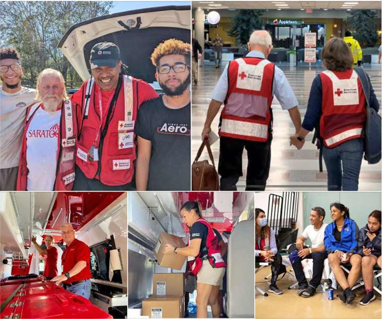 series of photos with people wearing red vests.